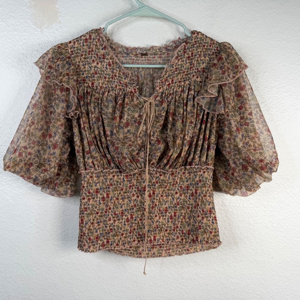 Free People Womens Top Multicolored Sz S Cropped Semi Sheer Floral Boho Festival